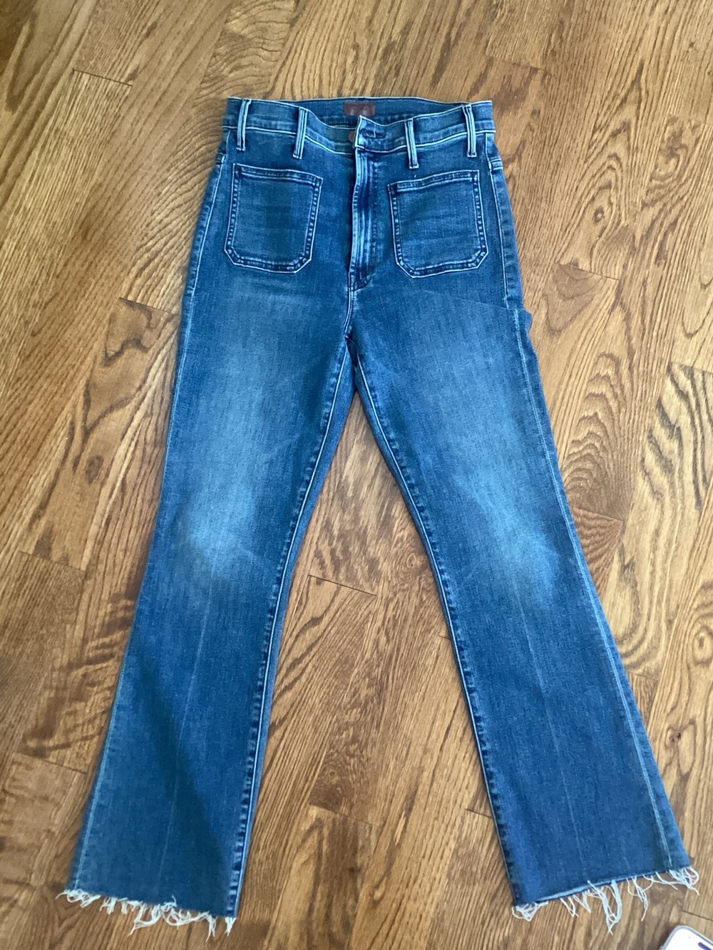 MOTHER Medium Blue High-Rise Cropped Jeans with Frayed Hem
